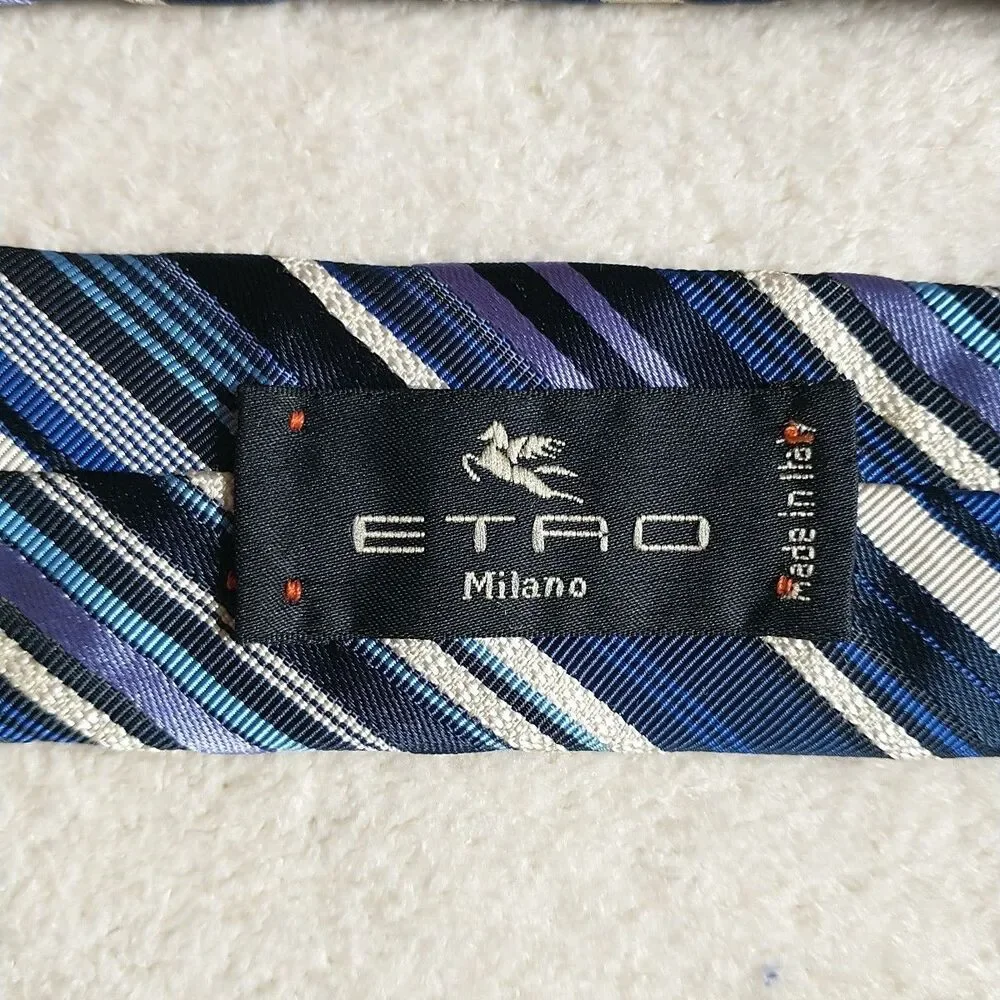ETRO Milano Necktie Rep Tie Blue Purple Stripe Silk Blend Jaquard Italy 3.25x55